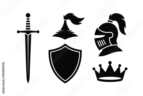 Black medieval symbols set with sword shield helmet and crown