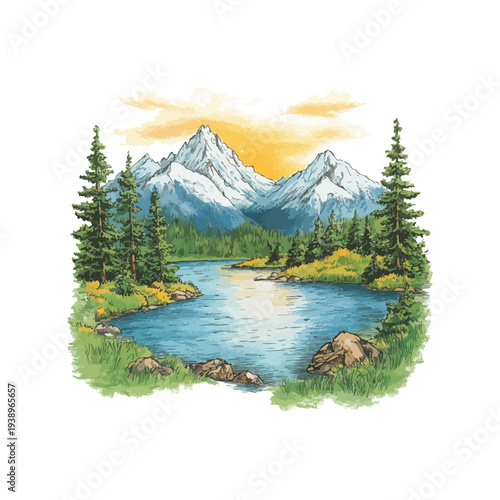 serene mountain lake hand drawn vector illustration