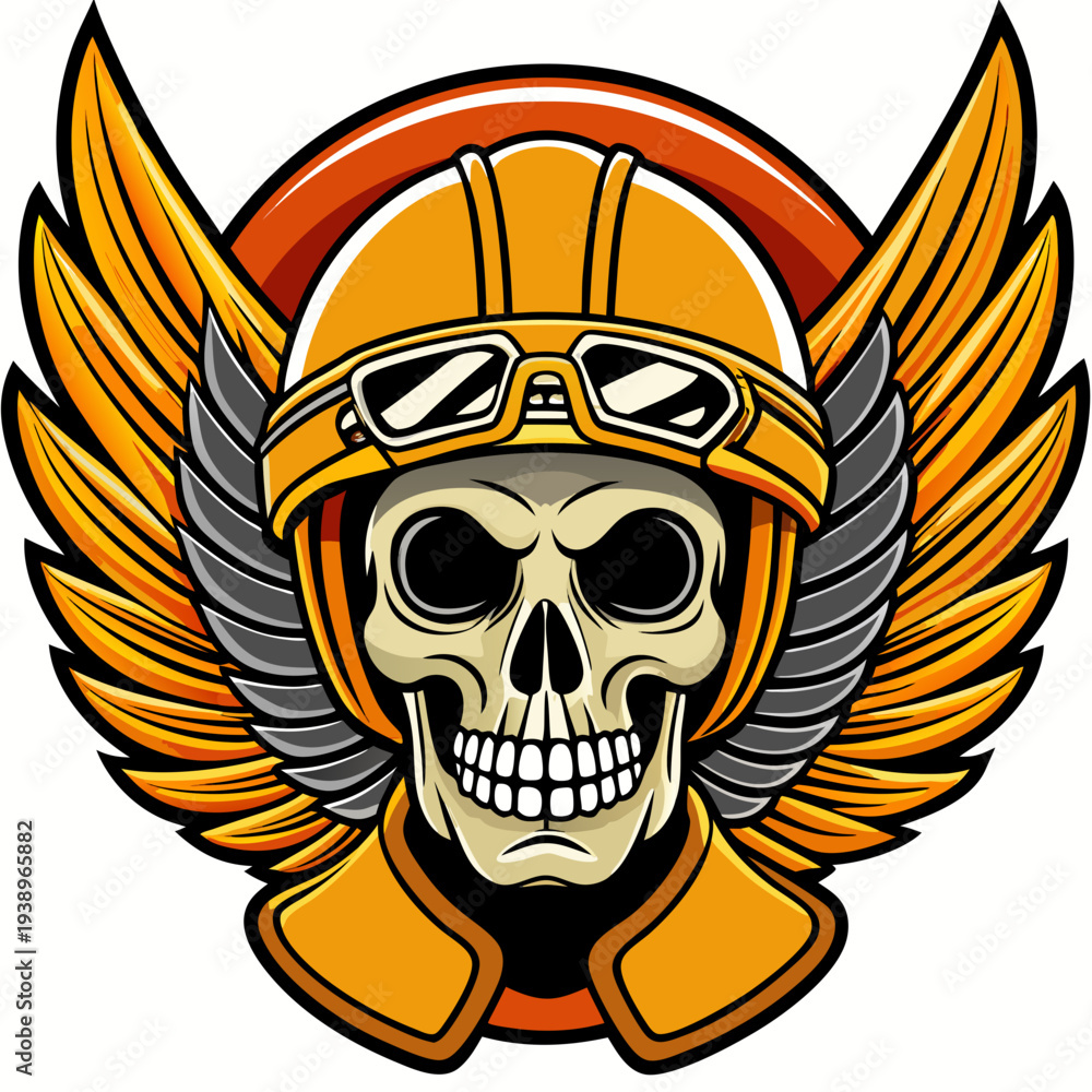 Fototapeta premium Skull with biker helmet and goggles, winged emblem, retro motorcycle club logo, dark fantasy style