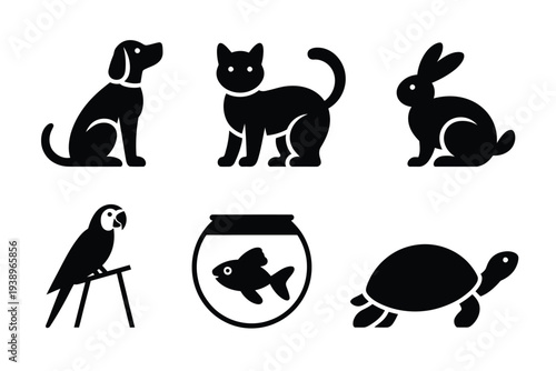 Black silhouettes of dog cat rabbit parrot fish and turtle