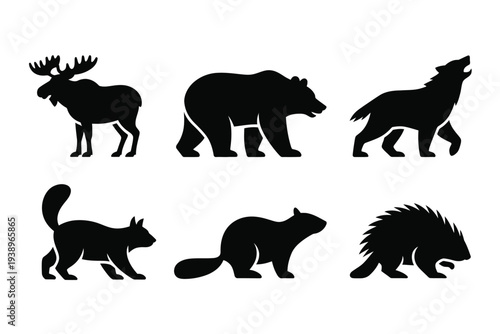 Black silhouettes of moose bear wolf skunk porcupine and squirrel