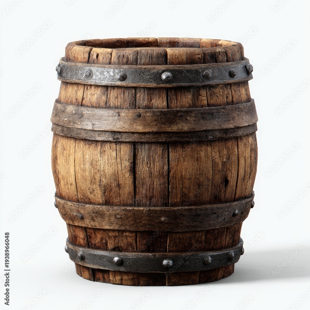 Fototapeta premium Wooden barrel with metal bands, aged texture, on white background
