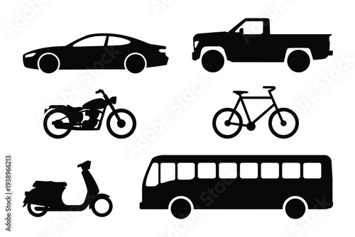 Black silhouettes of various vehicles and bikes truck