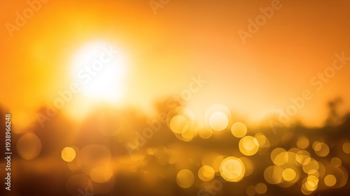 Warm sunlight bokeh background with natural blurred sky, glowing orange light patterns and soft evening clouds, abstract warm color gradient with bright sun flare and dreamy atmospheric backdrop for f