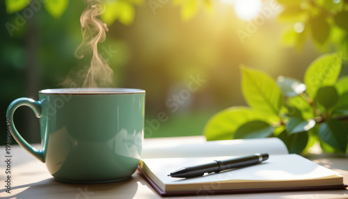 Morning steaming mug with notebook and pen on wooden table in garden for background, journal mockup and cozy workspace design