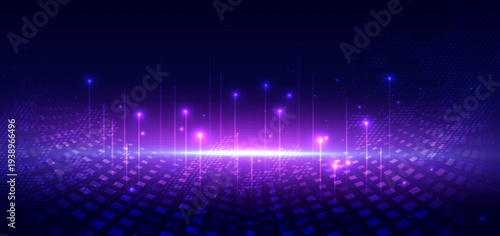 Futuristic digital data landscape with glowing neon light pillars and abstract technology network background.