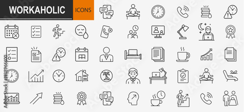 Workaholic and office burnout icons set, outline symbols for employee stress overtime work productivity and career exhaustion vector illustration