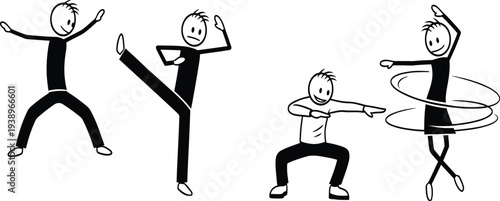 Stick figures engaging in various playful activities with hula hoop