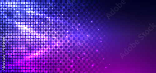 Abstract glowing pixel grid background with neon purple and blue digital light.
