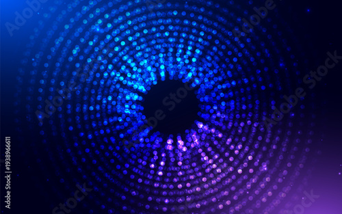 Abstract neon blue and purple light glowing dot pattern on dark background.