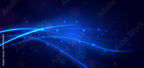 Minimal abstract technology background with smooth blue neon light curve and motion trail on dark gradient backdrop.