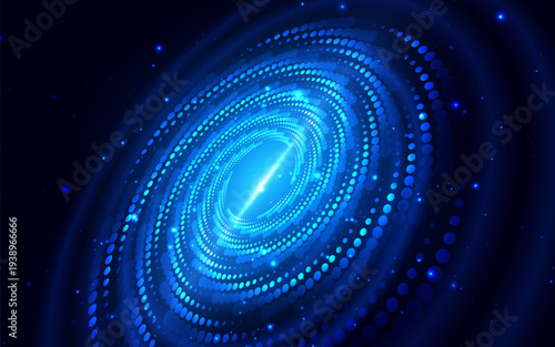 Abstract blue spiral galaxy background with glowing dotted vortex light.