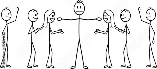 Stick figure in the middle with outstretched arms and unhappy face