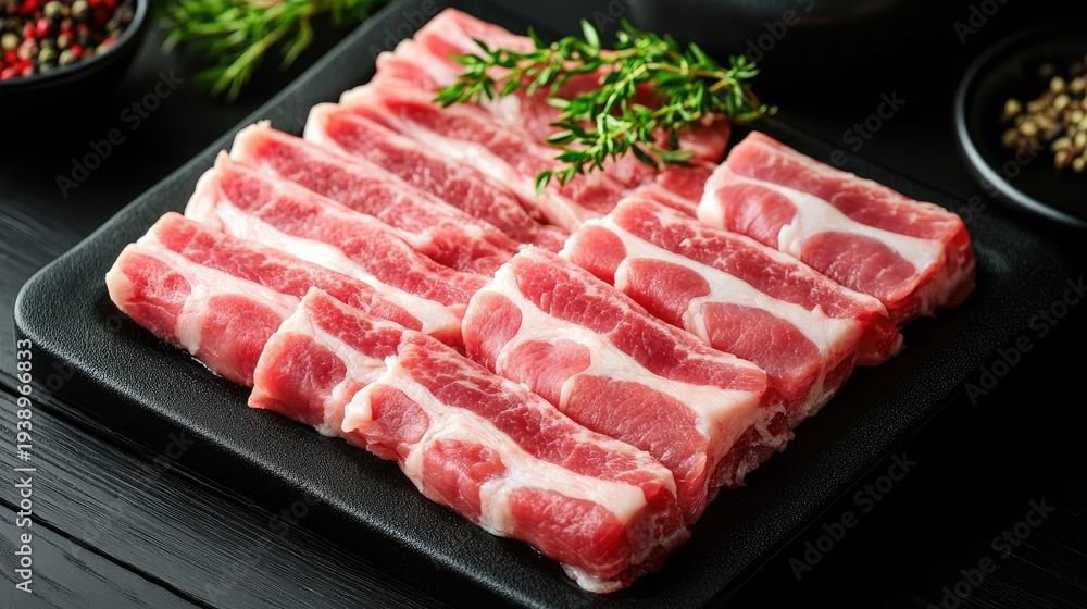 Fototapeta premium Freshly sliced pork belly on a black plate garnished with herbs and surrounded by bowls of spices, ready for cooking or grilling in a modern kitchen