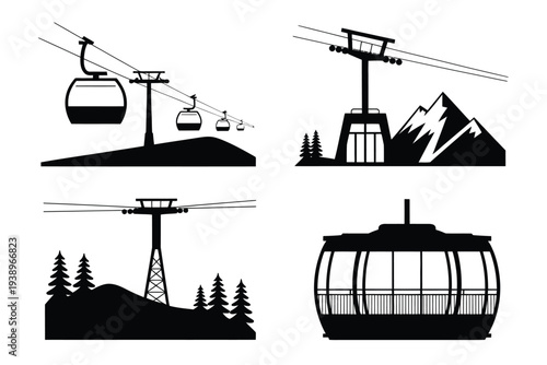 Four black and white cable car and gondola mountain