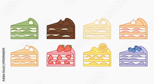 A variety of colorful cake slices are arranged on a table for dessert.