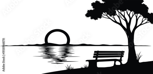 Art Serene lakeside scene with bench and tree silhouette