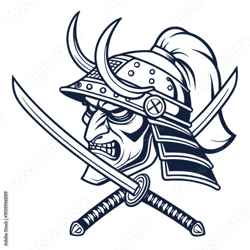 Fierce Samurai Warrior Mask with Crossed Katana Swords, Traditional Japanese Bushido Warrior Emblem, Ink Line Art