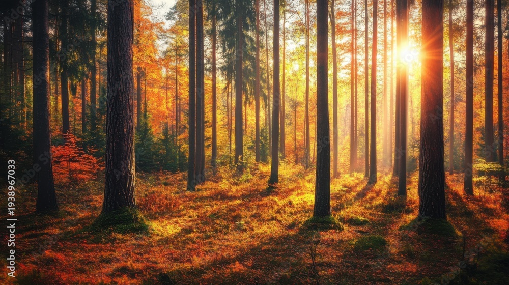 Obraz premium Golden Sunlight Filters Through Autumn Forest Canopy