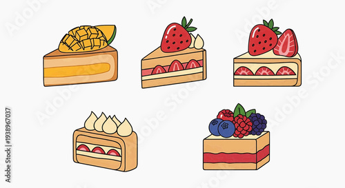 A variety of cakes with different fruits on top are displayed on a table indoors.