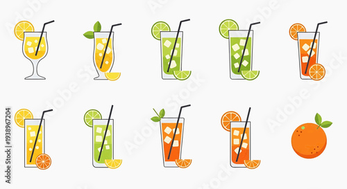 Illustration of various citrus drinks with slices and straws on a table setting