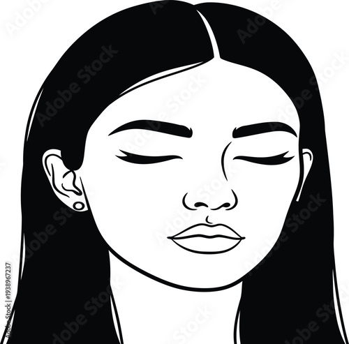 Serene woman with closed eyes and long dark hair portrait