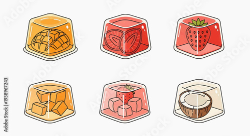 A colorful illustration of various desserts in plastic containers on a table