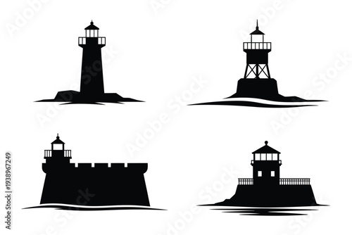 Four black silhouette lighthouses on water white