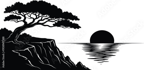 Serene landscape with tree on cliffside by calm water