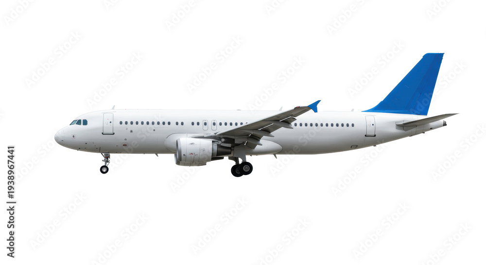 Fototapeta premium Modern commercial passenger airplane, white fuselage, blue tailfins, twin jet engines, extended landing gear, on white studio background with copy space, concept of modern air transportation