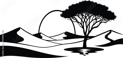 Serene landscape with tree and mountain range silhouette