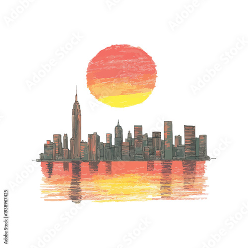 sunset over the city skyline hand drawn vector illustration