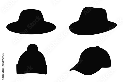 Four different types of black hats in silhouette fedora