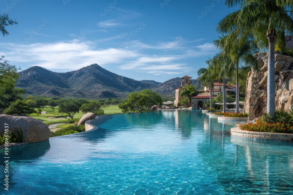 Obraz premium Luxury Golf Resort Infinity Pool with Mountain Backdrop
