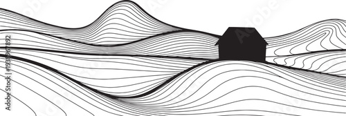 Abstract landscape with rolling hills, waves, and small house silhouette, graphic lines, nature. vector illustration