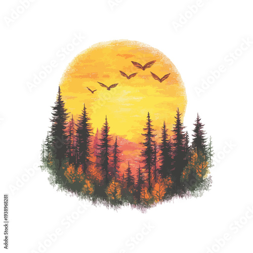 sunset over the forest hand drawn vector illustration