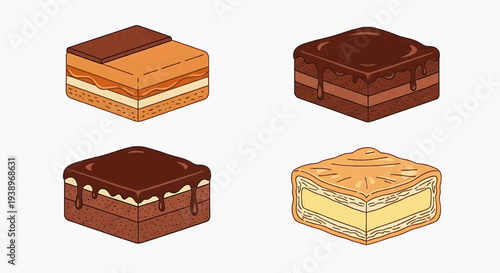 Illustration shows four square cakes with different icing designs and colors on top.