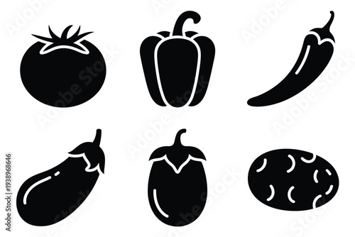 Six black silhouettes of different vegetables tomato 2