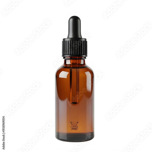 Amber glass dropper bottle with essential oil or liquid isolated on transparent background