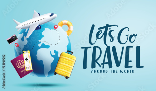 Let's go Travel clipart banner template. Let's go travel around the world text clip art with globe and other summer and traveler elements in simple background for international tour and holiday maker 