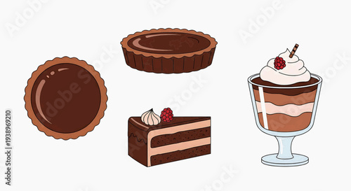 Chocolate desserts on a table with cake, tart, pie, and pudding in a dessert display