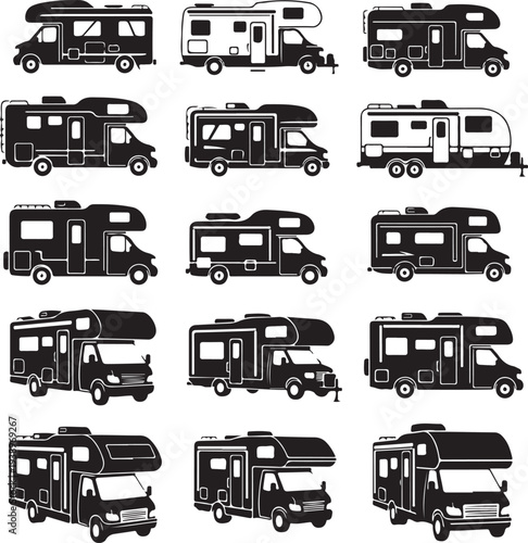 Camping trucks black glyph icons vector set