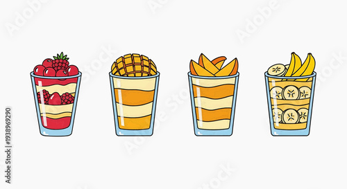 Four glasses of dessert with fruits and cream are displayed together