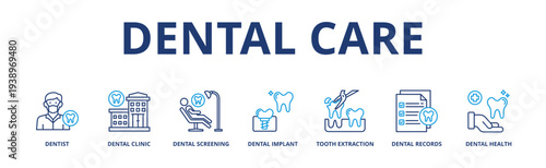 Dental care banner web icon vector illustration concept with icon of dentist, clinic, dental screening, implant, tooth extraction, records, dental health