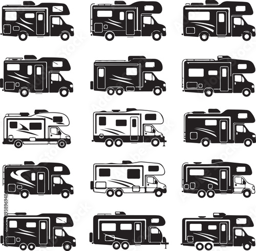 Camping trucks black glyph icons vector set