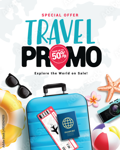 Travel promo clipart poster design. Travel Sale holiday trip discount clip art with summer and traveler elements for vacation tour advertising online booking and promotion vector illustration.
