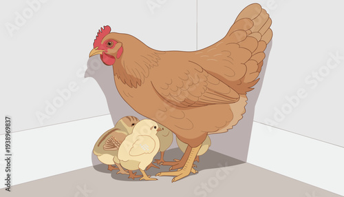 Cartoon hen with her three cute chicks, one yellow and two brown, seeking shelter under her in a shaded corner, vector illustration.