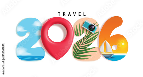 Year 2026 travel clipart. Travel 2026 number icon with summer and tour concept design like beach, location pin, sand and hot sunny day clip art for holiday vacation trip and journey vector 