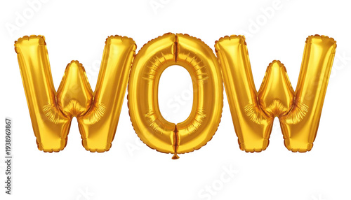 Shiny Gold Balloon Letters Forming Wow at a Celebratory Event with Transparent Background