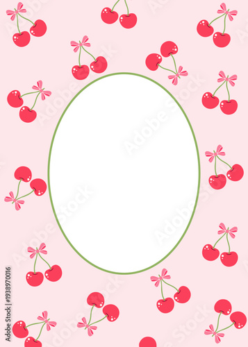 Oval cherry frame template with pink bows on a pastel background. Cute summer border for invitations and greeting cards.